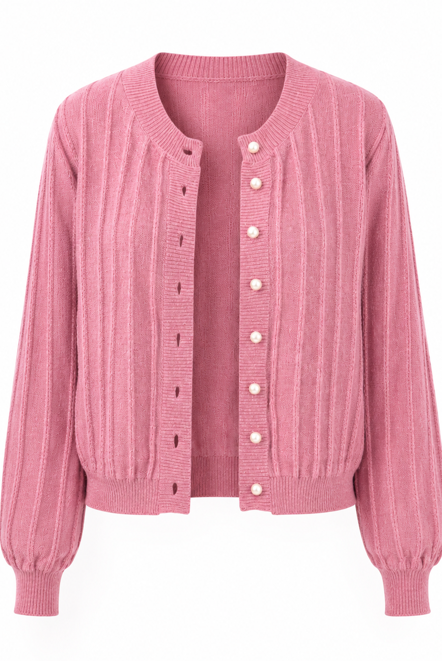 Sophia pink knit cardigan by Lumina Wear, cozy open-front sweater with long sleeves and ribbed cuffs, perfect for casual wear