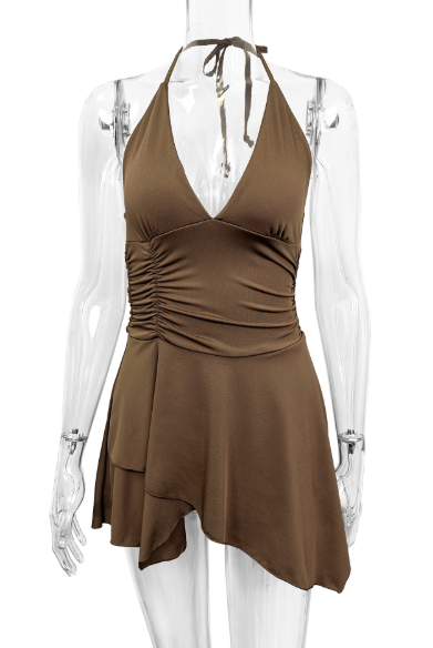 Lumina Vancouver Nova sleeveless A-line mini dress in vibrant fabric, showcasing a stylish, fitted bodice and flared skirt.