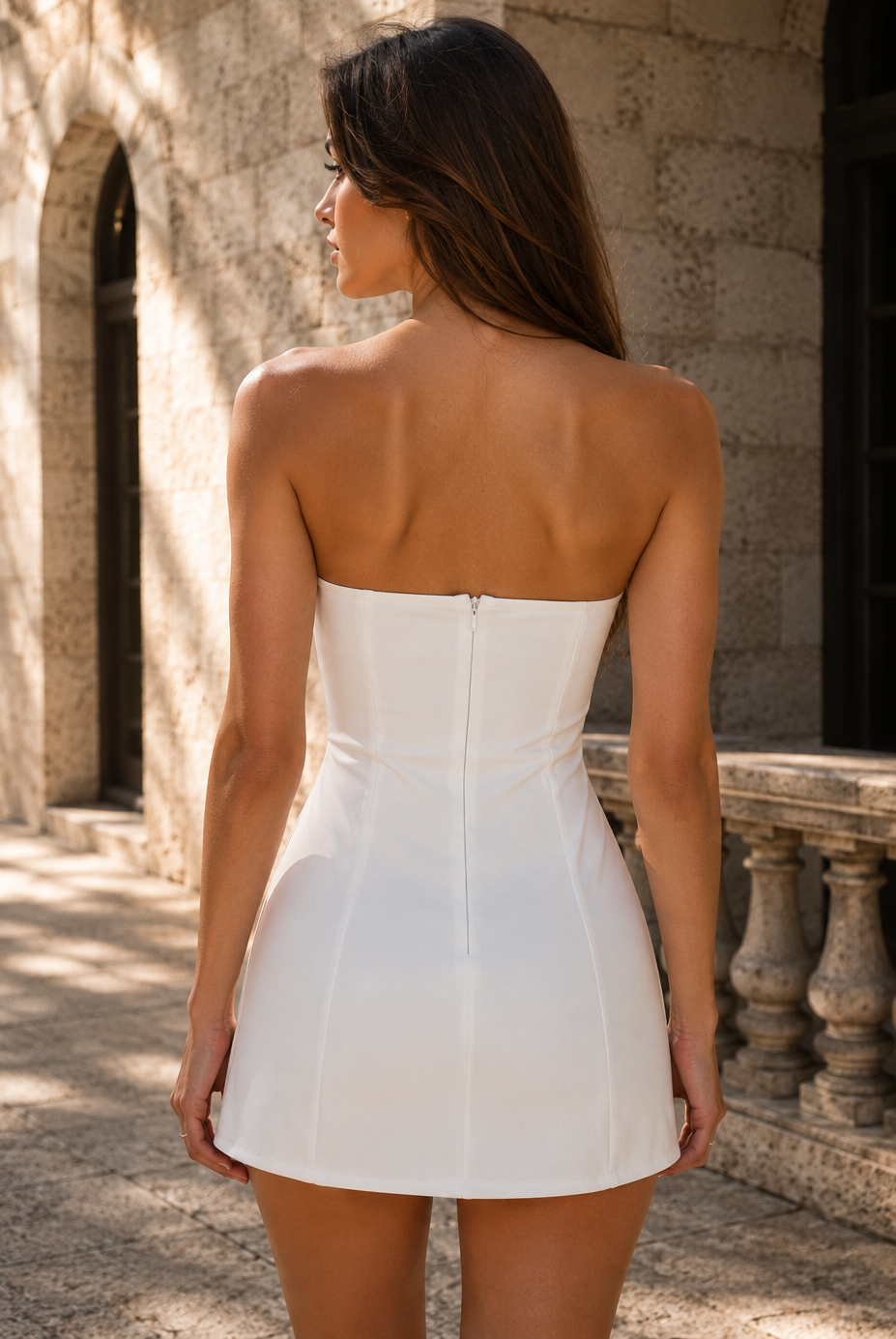 Lumina Wear Nova strapless mini dress bodice in vibrant fabric, showcasing a fitted, stylish design perfect for evening wear.