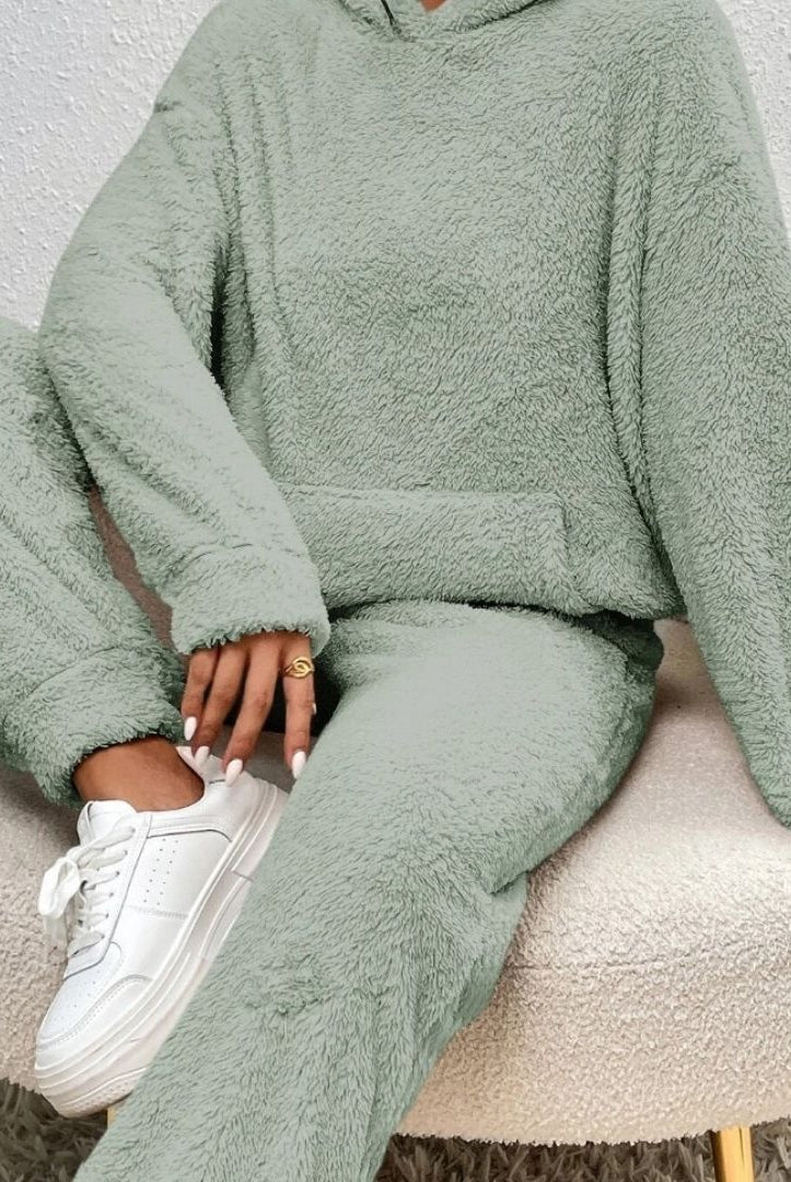 Alexa Lumina cozy hooded two-piece lounge set, featuring a flattering fit and soft fabric, perfect for comfortable loungewear.