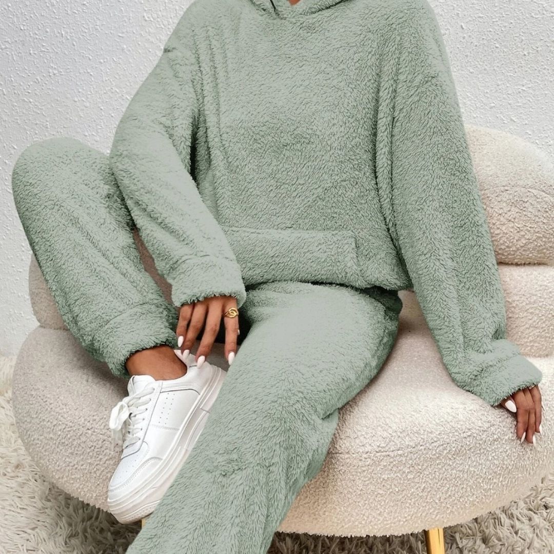 Alexa Lumina cozy hooded two-piece lounge set, featuring a flattering fit and soft fabric, perfect for comfortable loungewear.