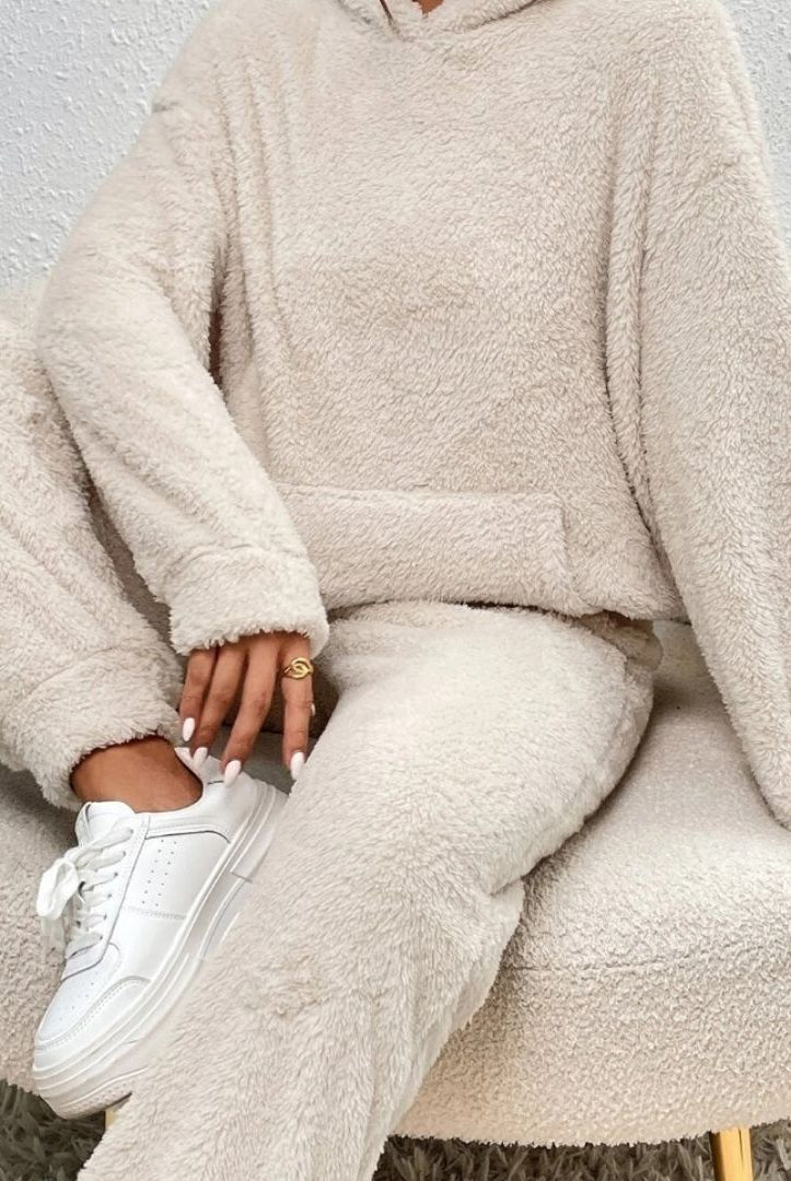 Lumina Wear Alexa cozy hooded two-piece lounge set with flattering fit, soft fabric, and casual style for comfortable home wear.