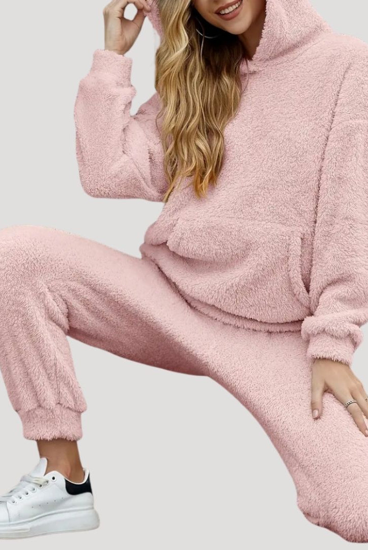 Lumina Wear Alexa cozy hooded two-piece lounge set with flattering fit, soft fabric, and comfortable design for relaxed wear.