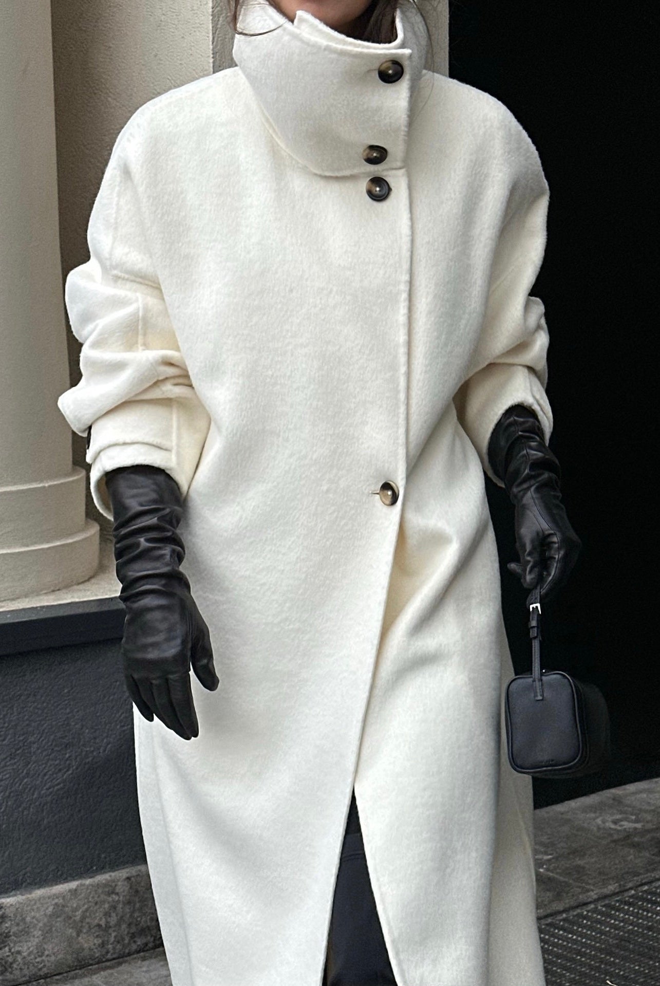 Elegant structured longline coat with high-neck design from Lumina Wear, featuring a tailored fit and sophisticated style.