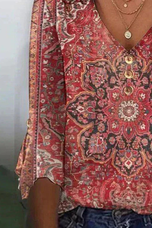 Bohemian print summer blouse by Lumina Wear featuring a flowing fit and vibrant patterns, perfect for warm-weather style.
