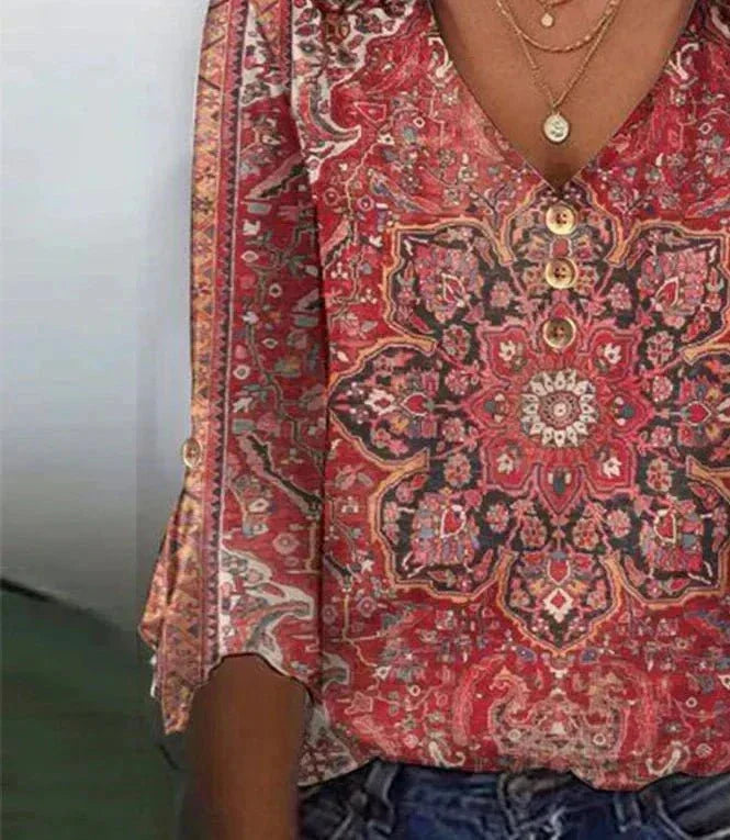Bohemian print summer blouse by Lumina Wear featuring a flowing fit and vibrant patterns, perfect for warm-weather style.