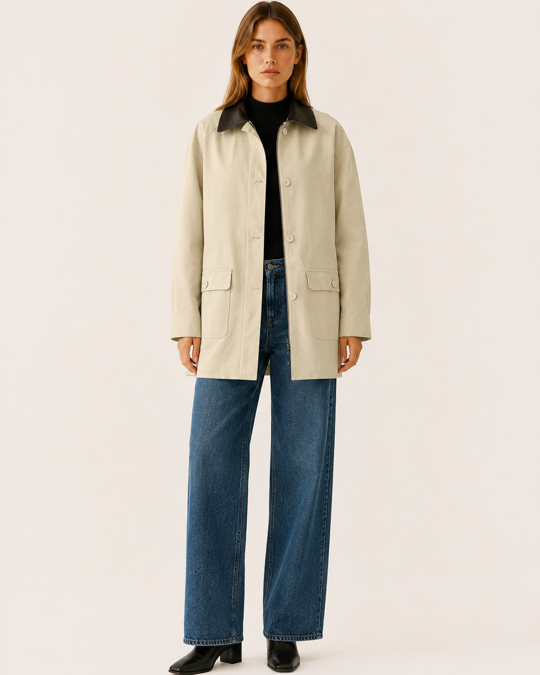 A relaxed beige barn jacket by Lumina Wear with a contrasting collar, featuring a casual fit and durable fabric.