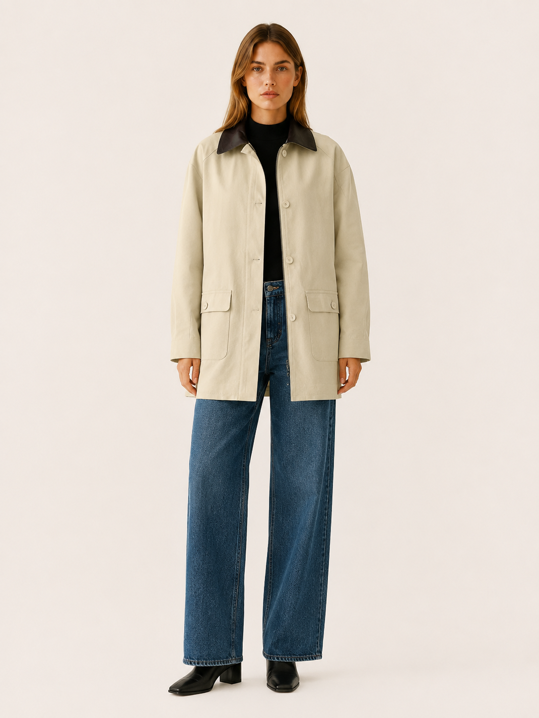 Aurelia Lumina beige barn jacket with relaxed fit and contrast collar, shown on a model. Stylish casual outerwear for women.