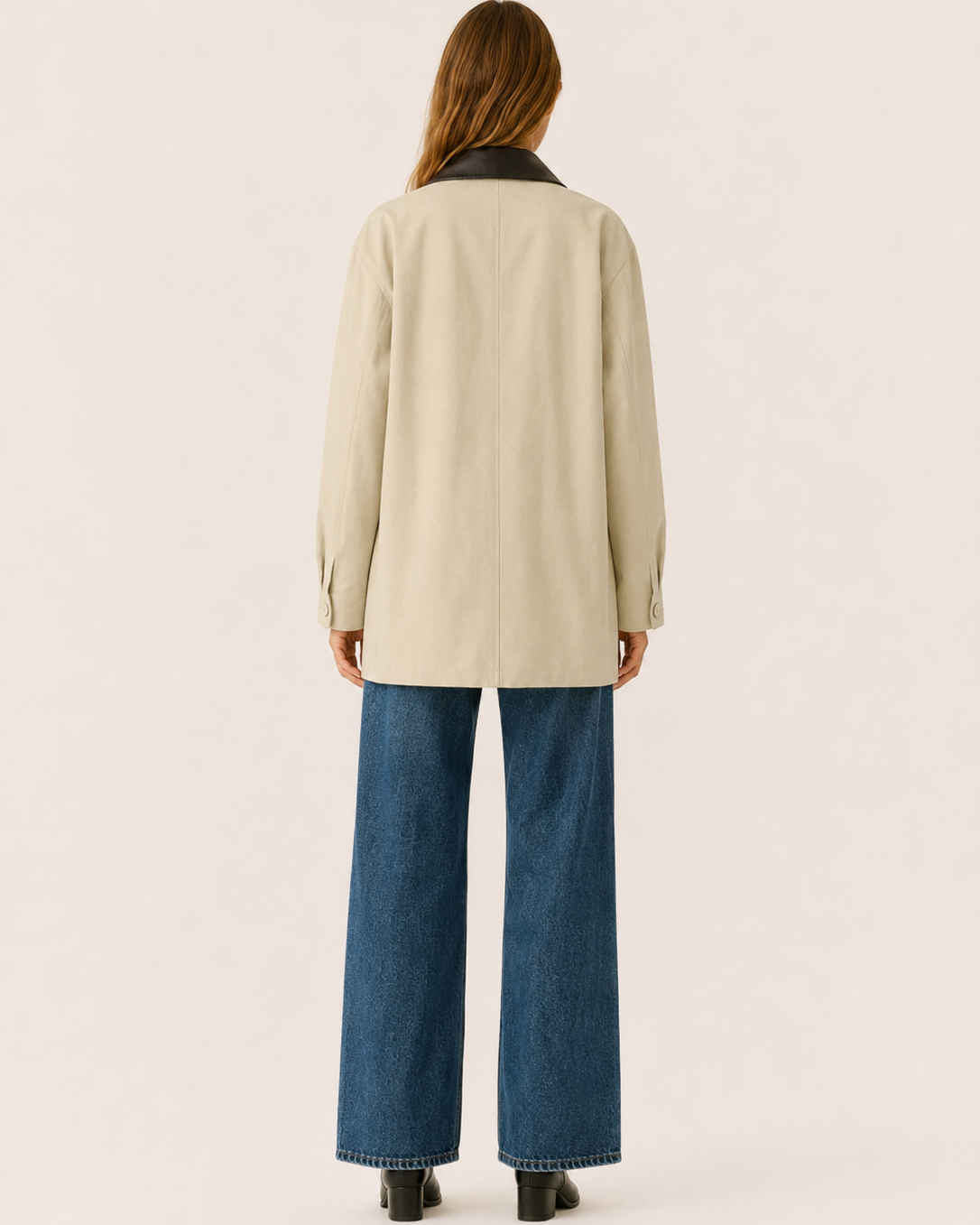 Relaxed beige barn jacket by Lumina Wear featuring a contrast collar and casual, comfortable fit.