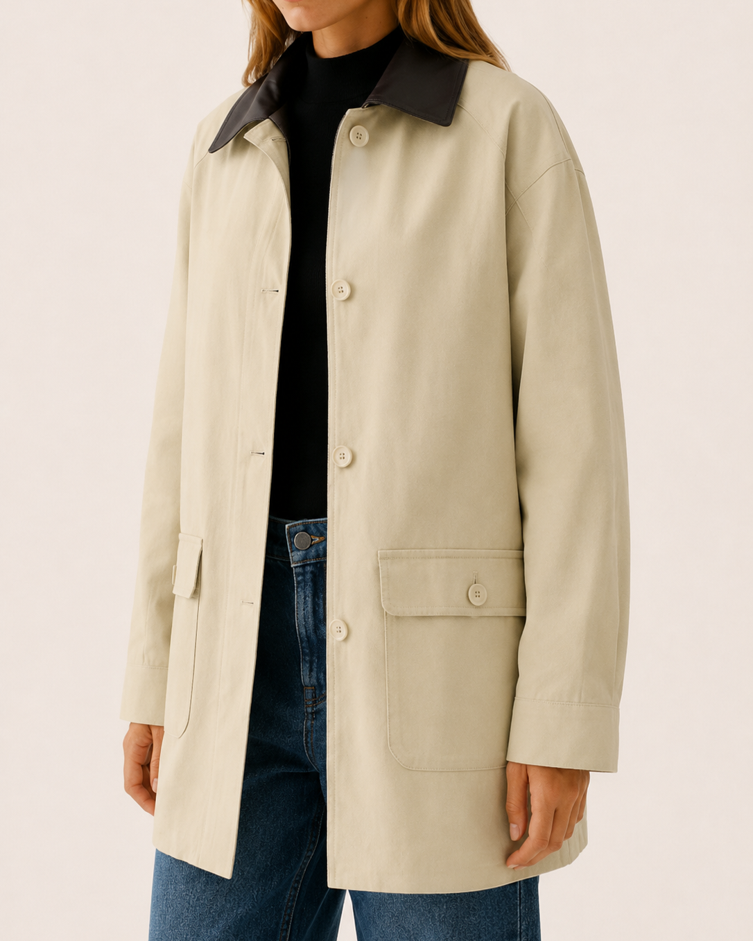 A beige barn jacket with a contrast collar from Lumina Wear, featuring a relaxed fit and casual style.