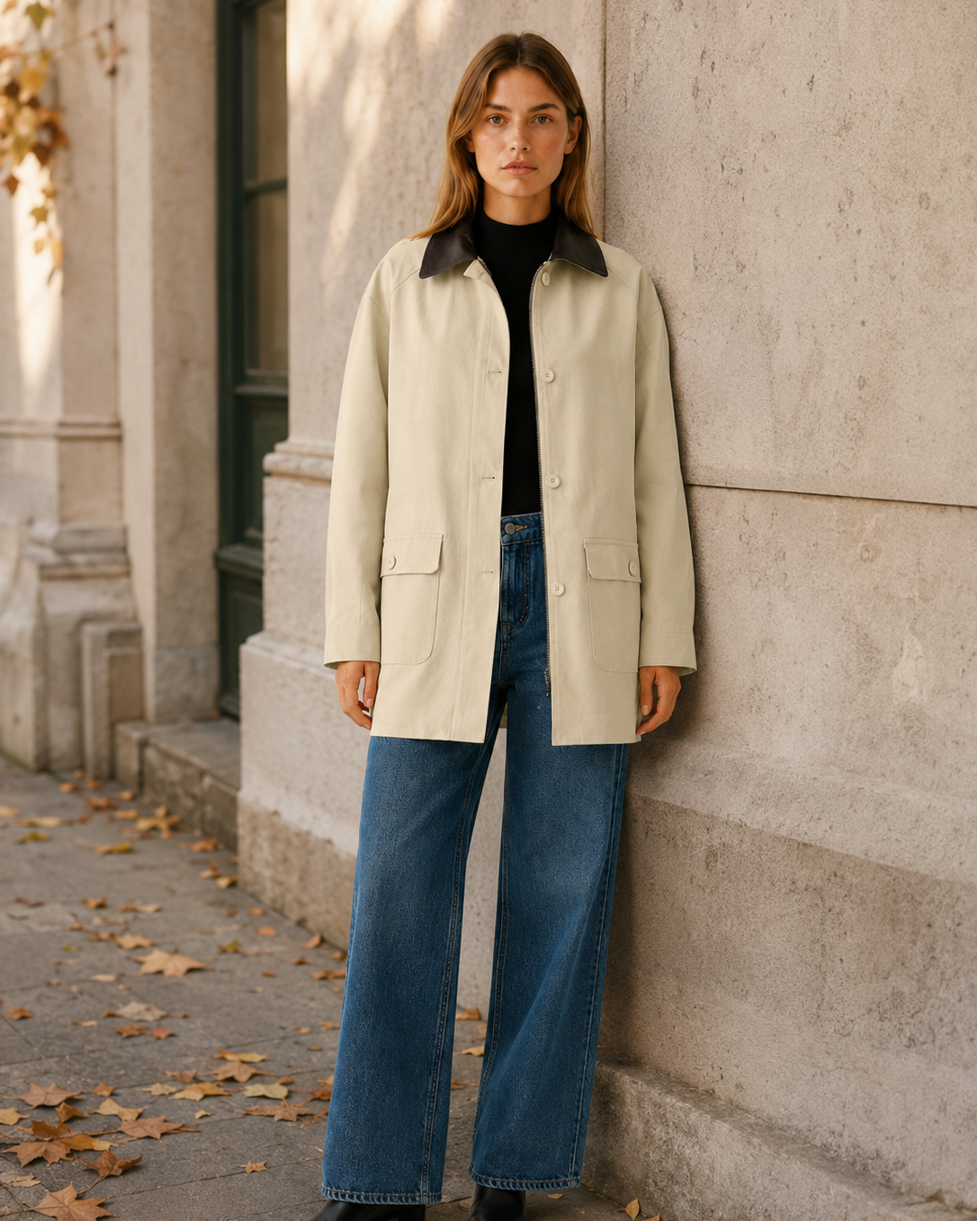 Relaxed beige barn jacket with contrast collar by Lumina Wear, featuring a casual fit and stylish design.
