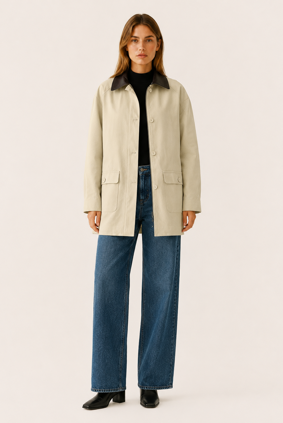 A beige barn jacket with relaxed fit and contrast collar from Lumina Wear, featuring front pockets and button closure.