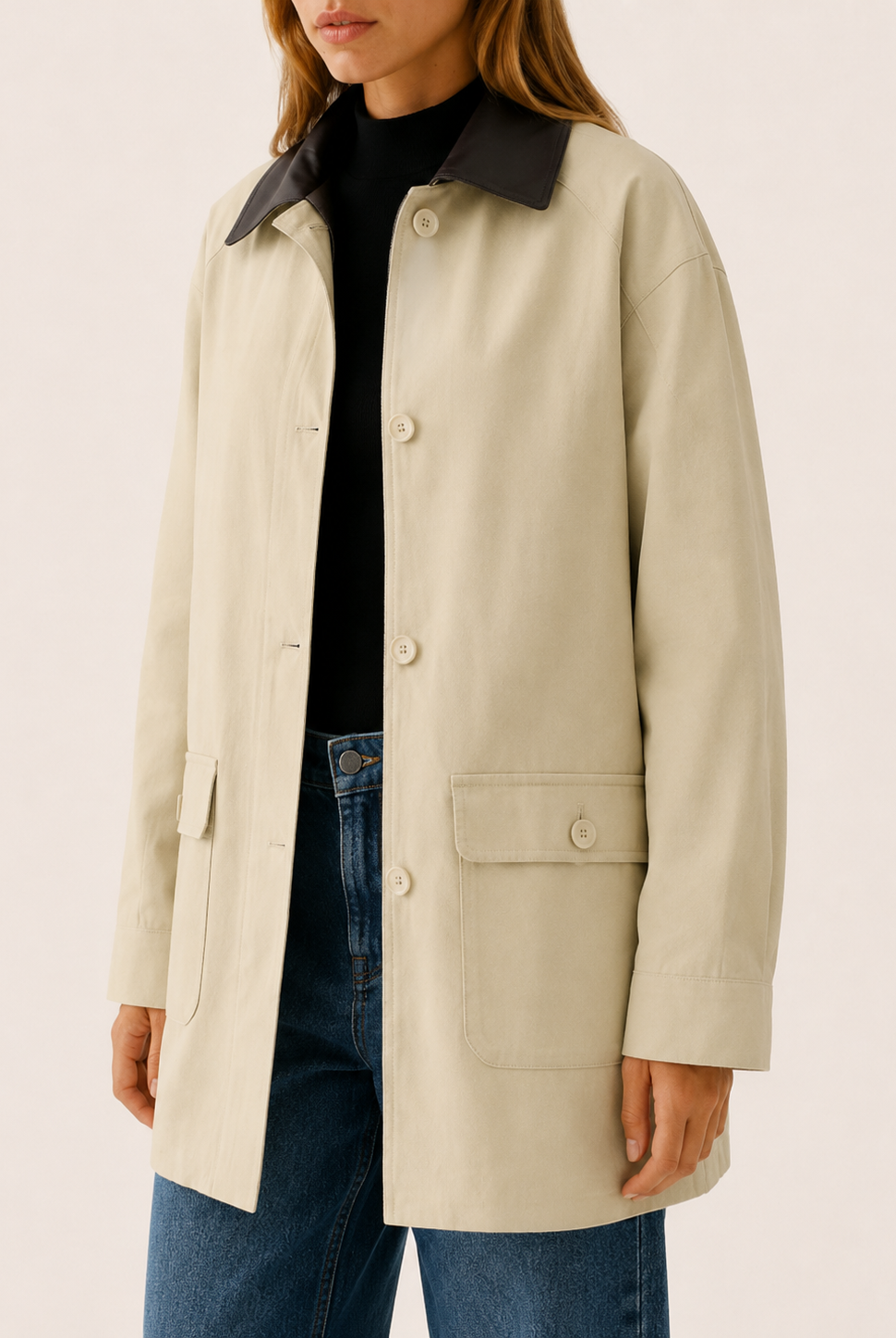 A beige barn jacket with a relaxed fit from Lumina Wear, featuring a contrast collar and casual outdoor style.