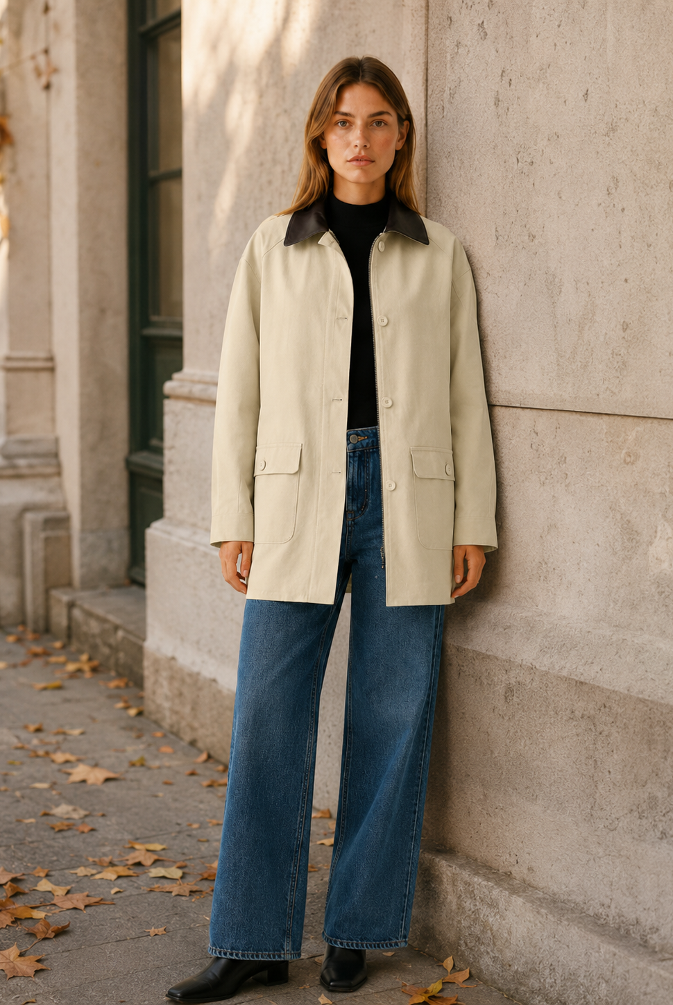 Beige barn jacket with relaxed fit and contrast collar from Lumina Wear, designed for casual and stylish outdoor wear.