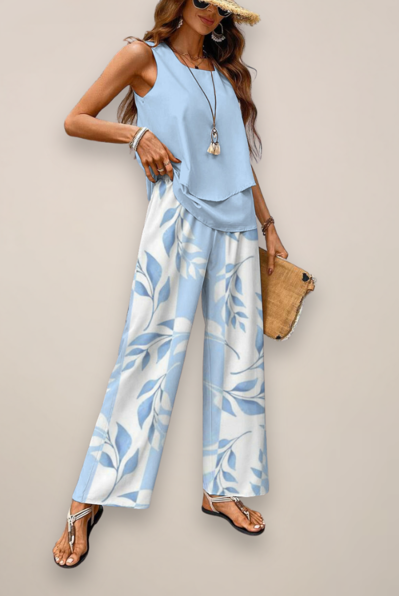 A vibrant printed wide-leg women's set by Lumina Wear featuring a relaxed fit, shown on a model in a bright, colorful design.