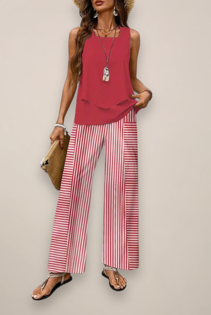 A vibrant printed wide-leg women's set with relaxed fit by Lumina Wear, featuring colorful patterns and comfortable style.