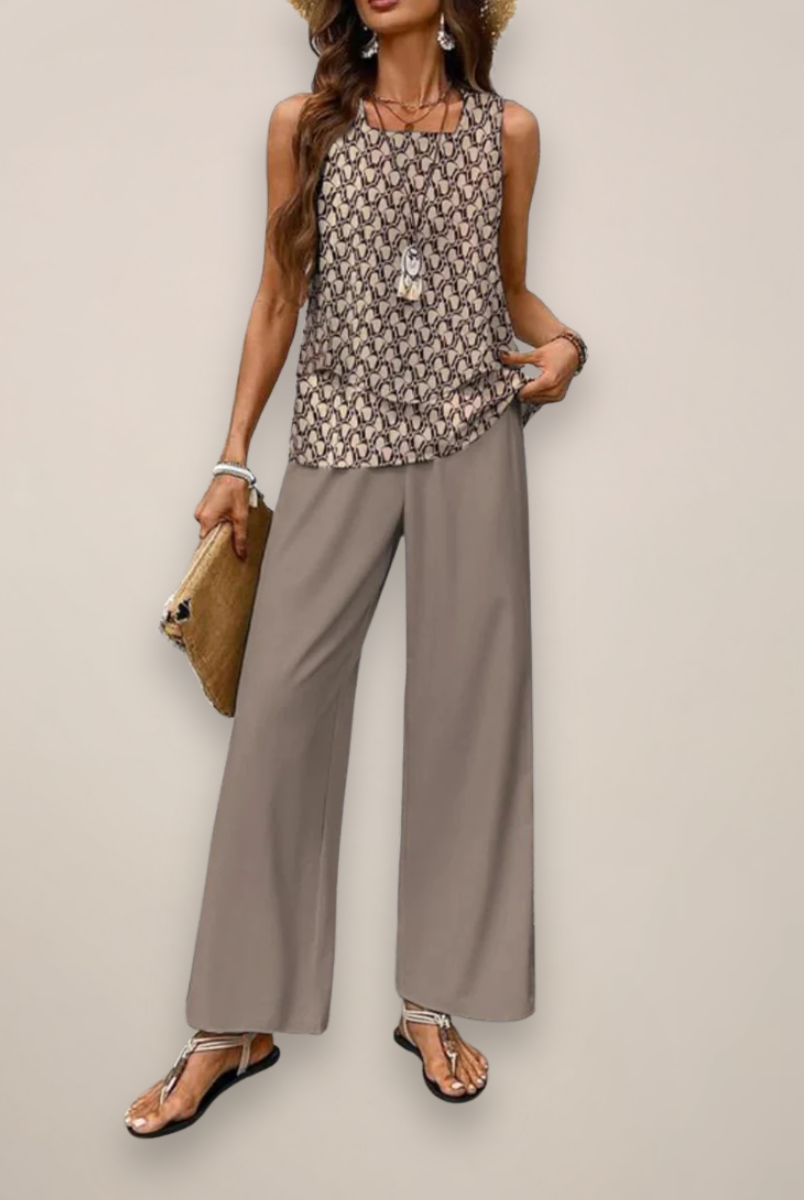 Vibrant printed wide-leg women's set with relaxed fit from Lumina Wear, featuring colorful patterns and comfortable fabric.