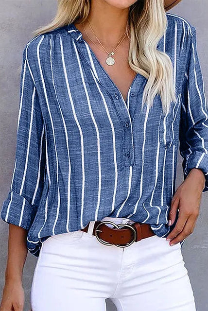 Lumina Wear Bella relaxed striped button blouse, casual T-shirt style with timeless appeal, featuring a relaxed fit and classic stripe pattern.