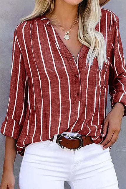 Light blue and white striped Lumina Wear Bella relaxed button blouse with a casual, timeless style shown on a model.
