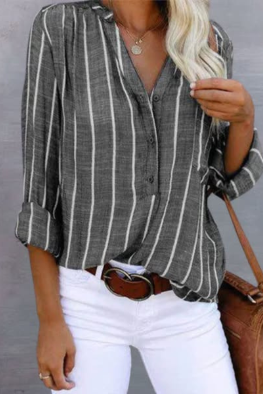 Light blue and white striped Lumina Wear Bella relaxed button blouse with a casual, timeless design and stylish collar detail.