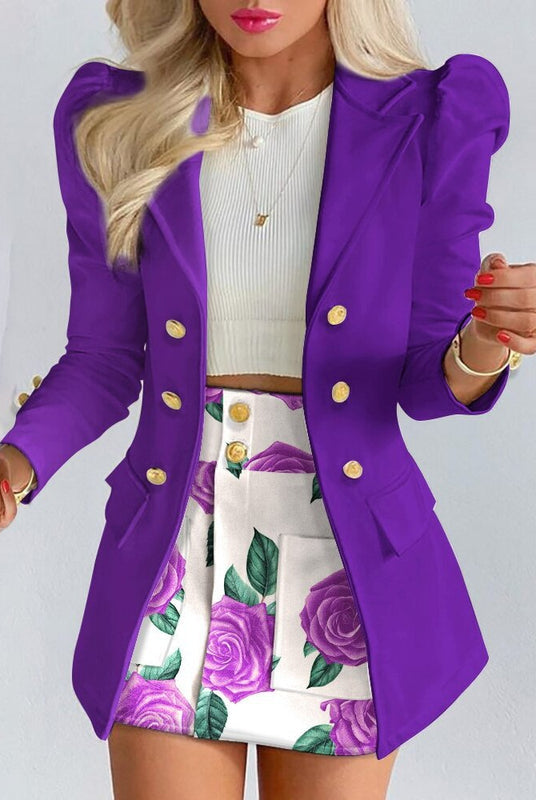 Elegant floral blazer and matching skirt set from Lumina Wear's Bella collection, tailored for women's suits and blazers.