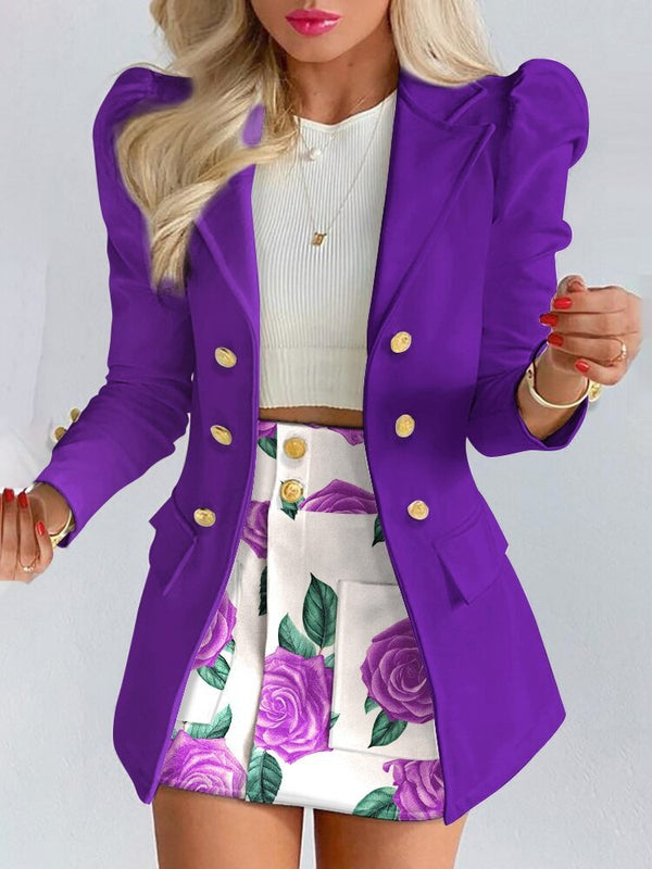 Elegant floral blazer and matching skirt set from Lumina Wear's Bella collection, tailored for women's suits and blazers.
