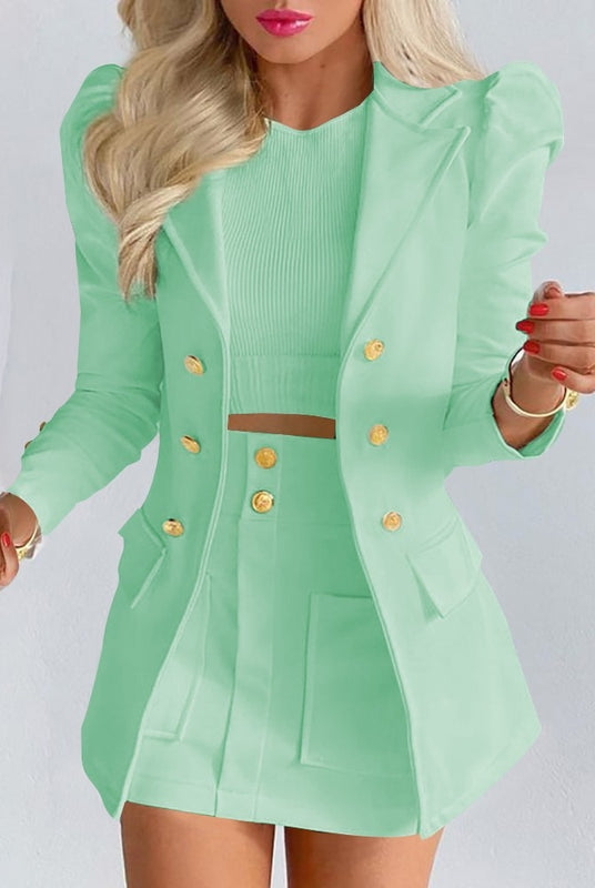 Elegant women's floral blazer and skirt set by Lumina Wear, featuring tailored fit and vibrant floral pattern.