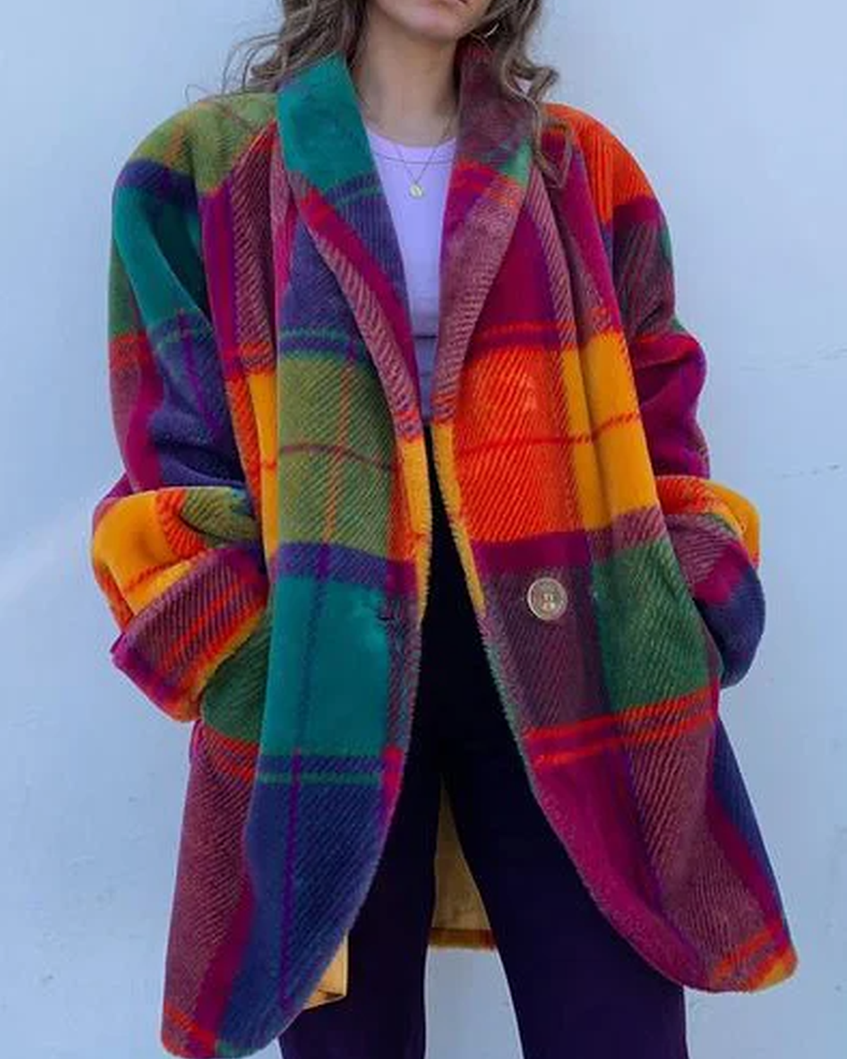 Light brown and black oversized plaid winter coat with relaxed fit from Lumina Wear, featuring a long design and cozy style.