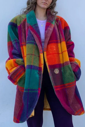 Light brown oversized plaid winter coat for women with relaxed fit by Lumina Wear, featuring a long, cozy design.