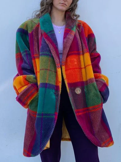 Light brown oversized plaid winter coat for women with relaxed fit by Lumina Wear, featuring a long, cozy design.