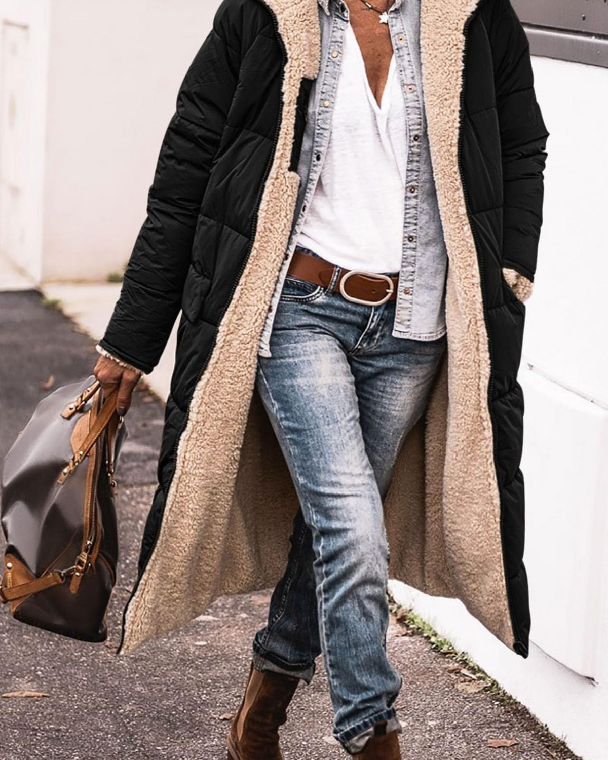 Elegant Lumina Wear Carina reversible long winter coat for women, featuring cozy warmth and stylish design.