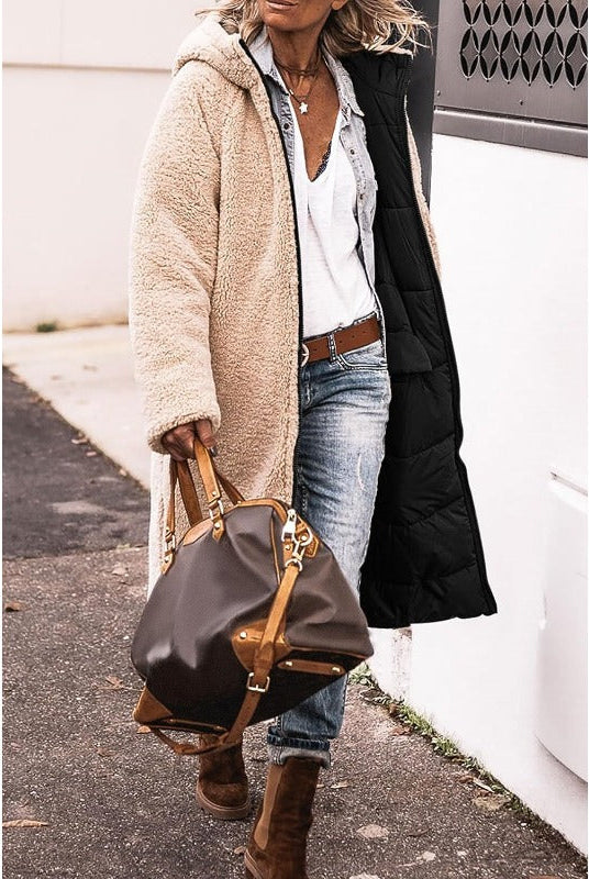 Elegant Lumina Wear Carina reversible long winter coat for women, showcasing cozy warmth and stylish design.