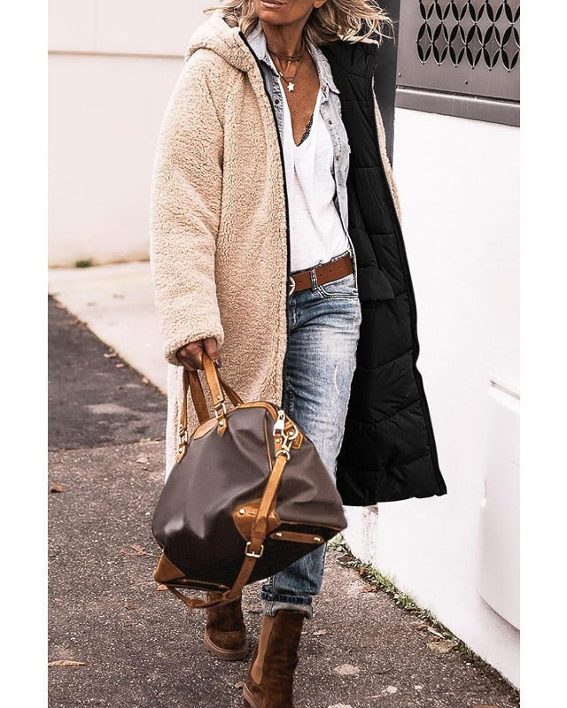 Elegant reversible long winter coat for women by Lumina Wear, featuring cozy warmth and stylish design.