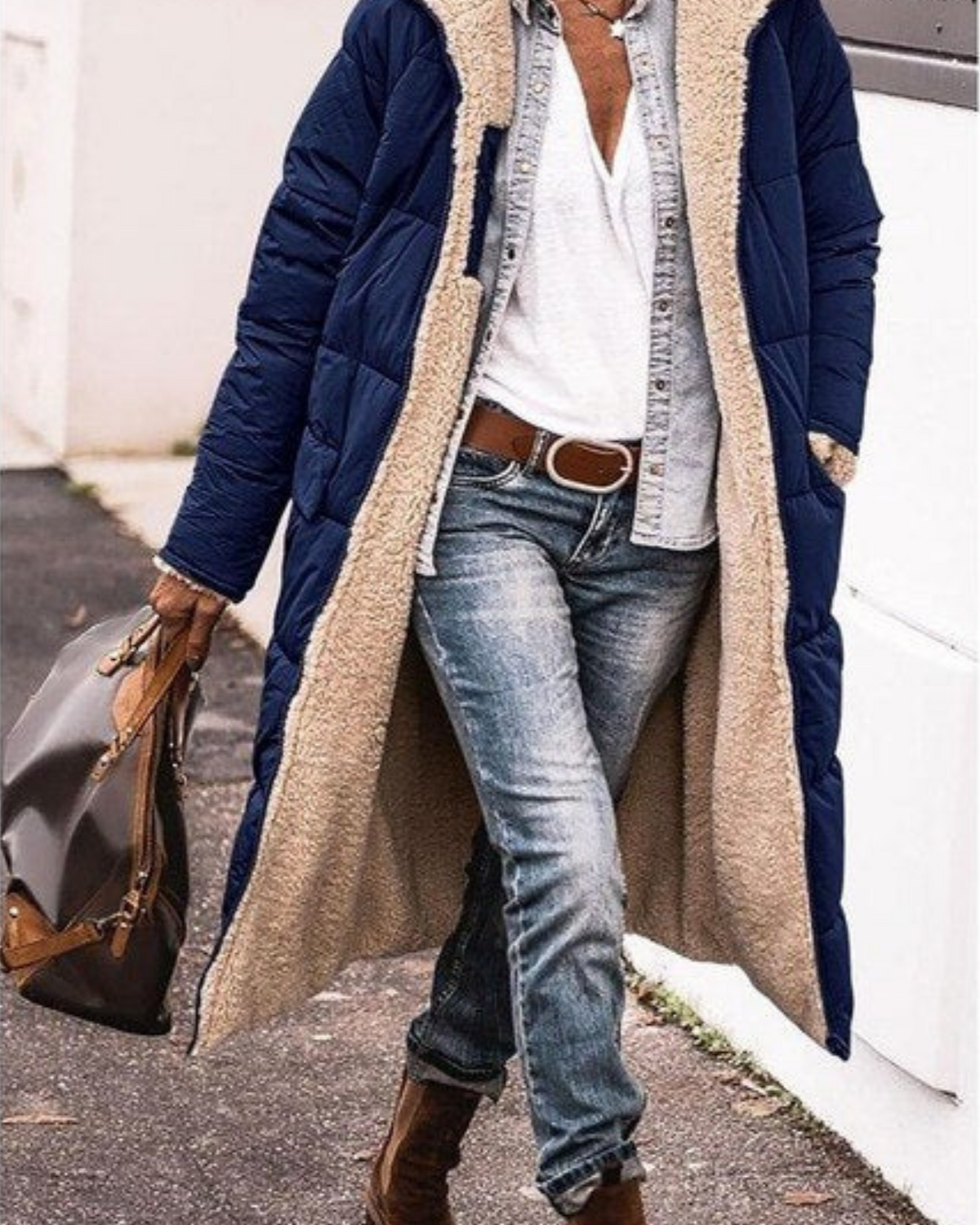 Elegant Lumina Wear Carina reversible long winter coat for women, showing cozy warmth and stylish design in neutral tones.