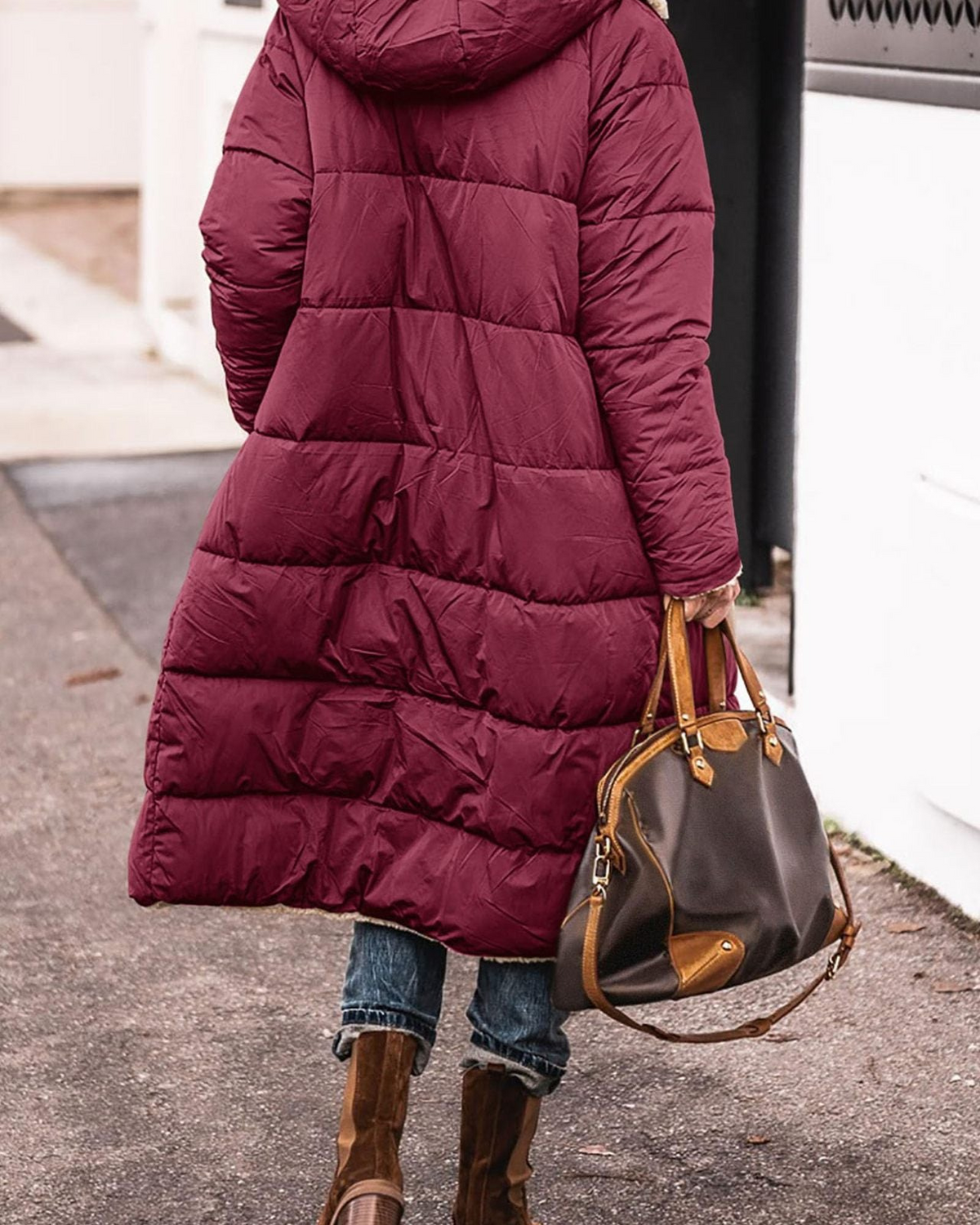 Elegant reversible long winter coat for women by Lumina Wear, featuring cozy warmth and stylish design.