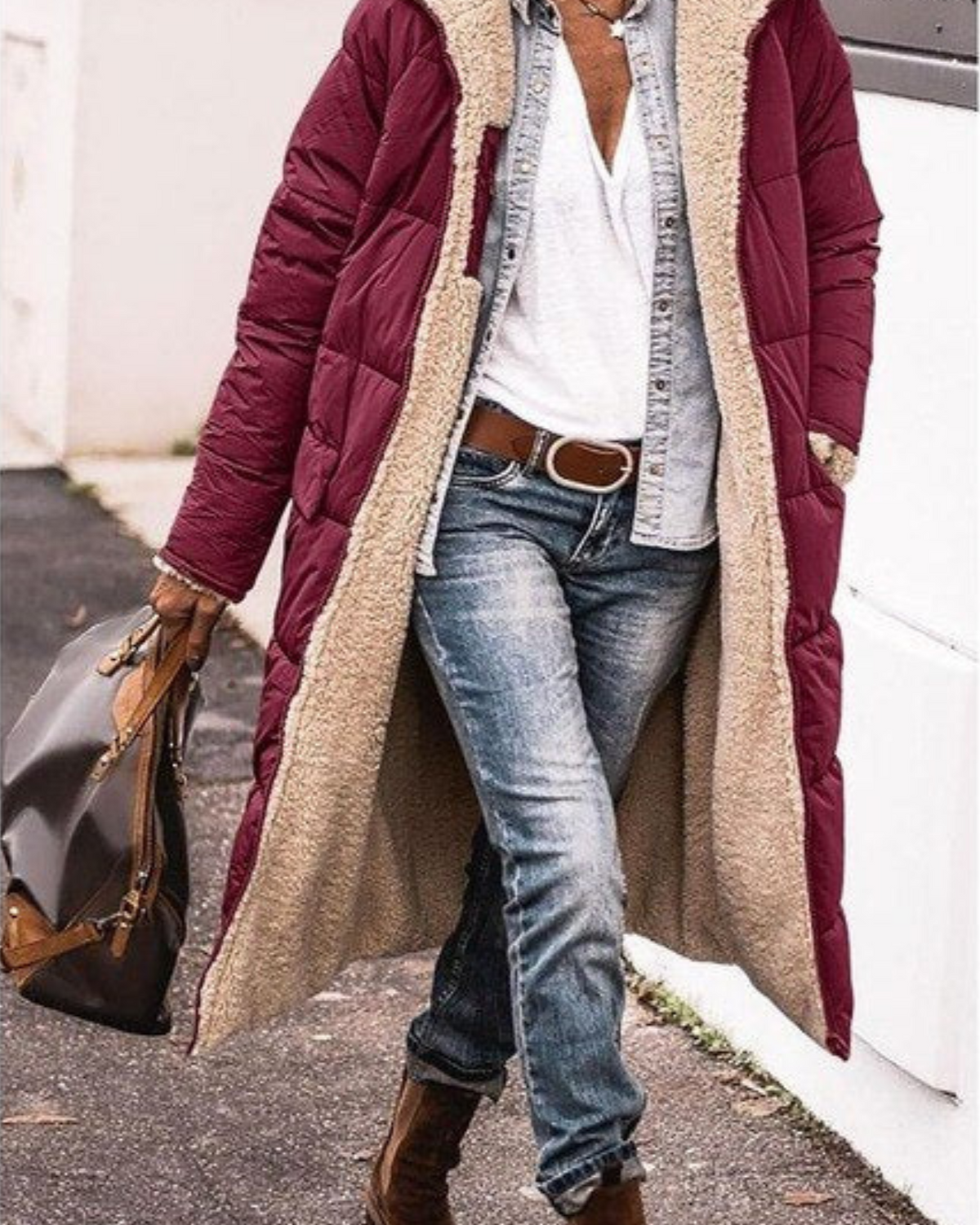 Elegant reversible long winter coat for women by Lumina Wear, featuring cozy warmth and stylish design.
