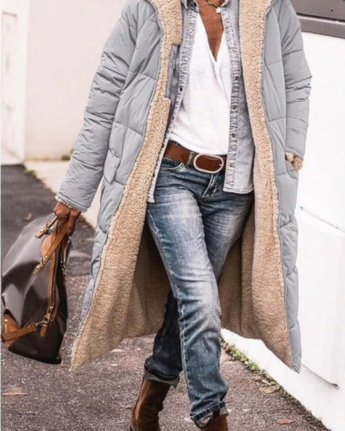 Elegant reversible long winter coat for women by Lumina Wear, showcasing cozy warmth and stylish design in neutral tones.