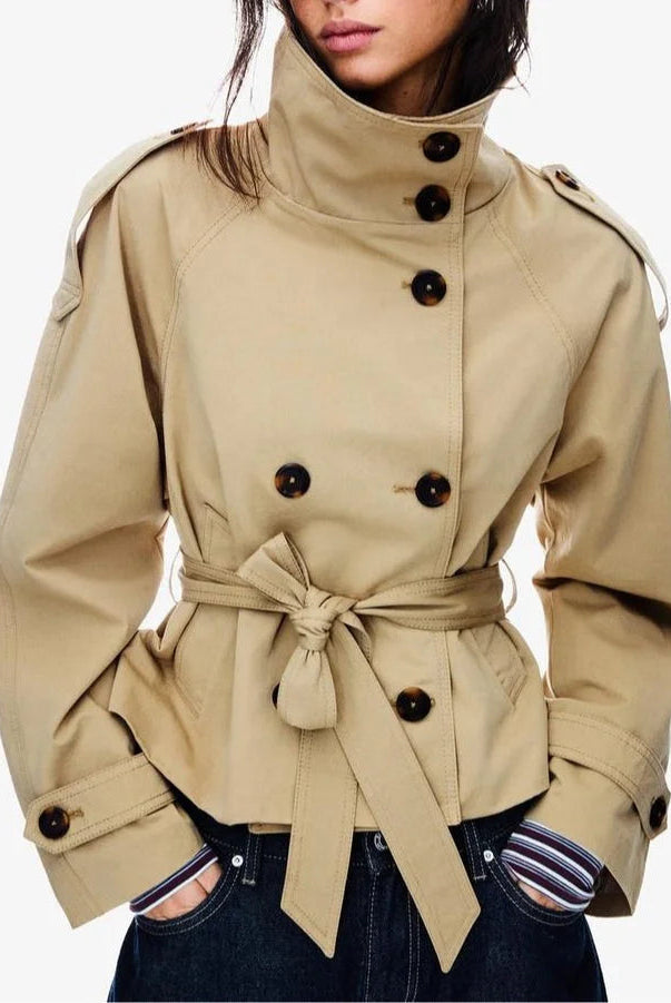 Woman wearing Lumina Wear Cathryn structured short belted trench coat with waist tie, showcasing a stylish women's coat and jacket.