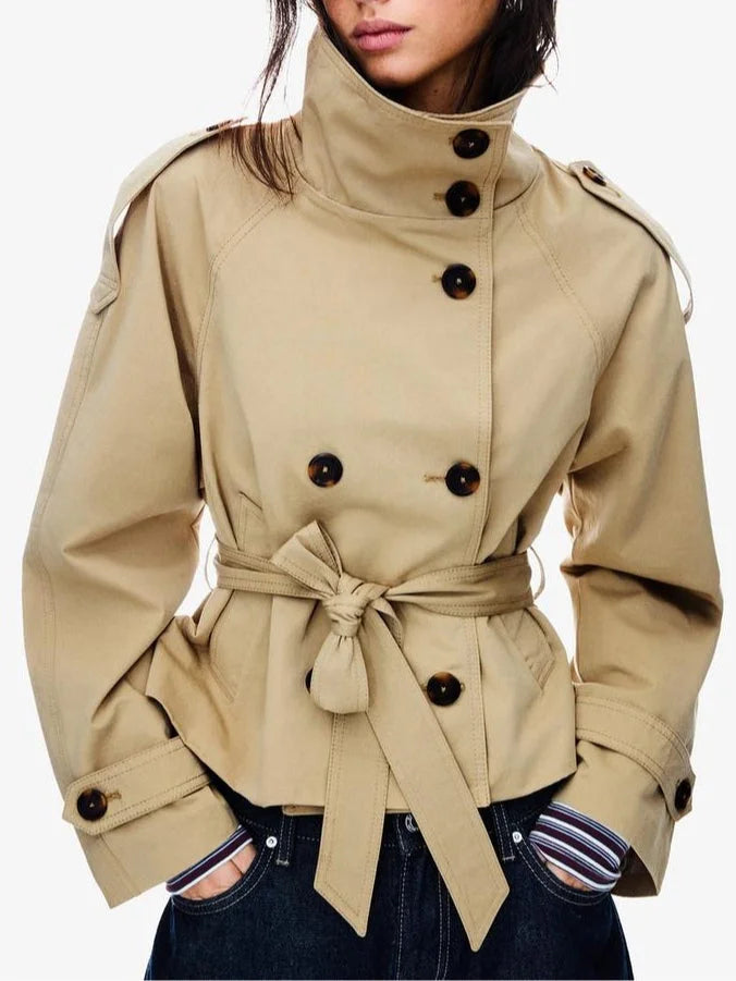 Woman wearing Lumina Wear Cathryn structured short belted trench coat with waist tie, showcasing a stylish women's coat and jacket.