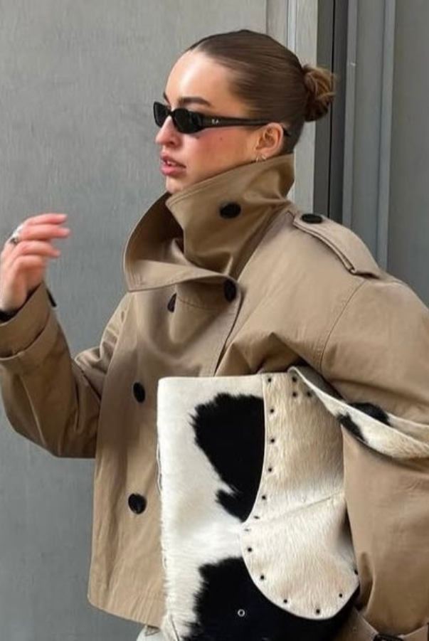 Light gray Cathryn structured short trench coat with waist tie and belt, designed for women by Lumina Wear.