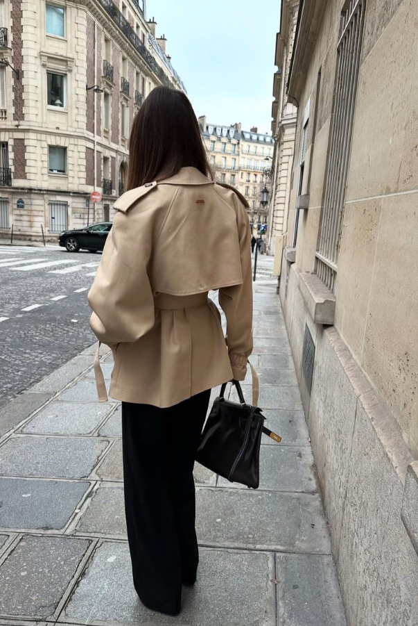 Women's Cathryn Lumina structured short trench coat with belt and waist tie, stylish outerwear with a tailored fit.
