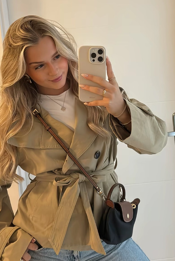 Lumina Wear Cathryn women's short belted trench coat with structured design and waist tie, stylish outerwear for transitional weather.