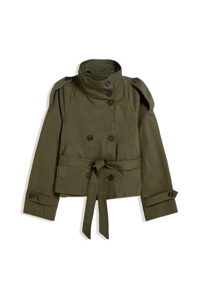 Women's Cathryn trench coat by Lumina Wear featuring a structured short design, belted waist, and tie detail.