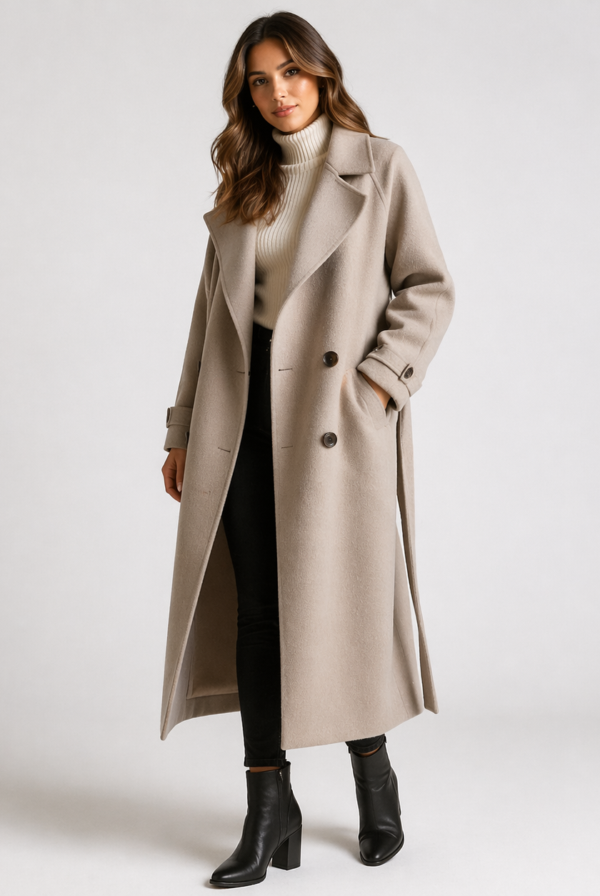 Elegant Lumina Wear Cecilia double-breasted wool blend overcoat with notched lapel, stylish and warm for sophisticated winter wear.