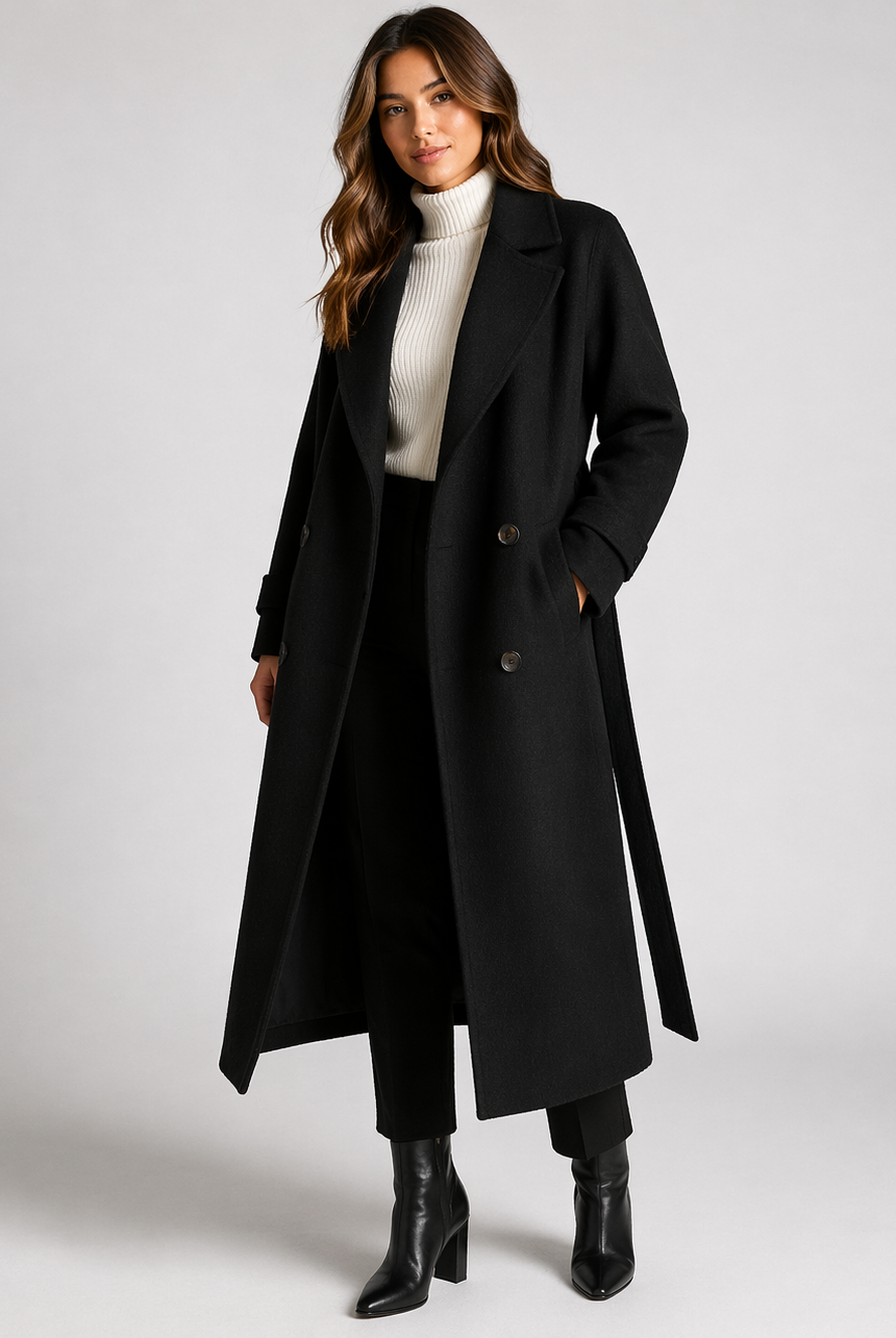 Elegant Lumina Wear Cecilia wool blend overcoat with double-breasted design and notched lapel, displayed on a mannequin.