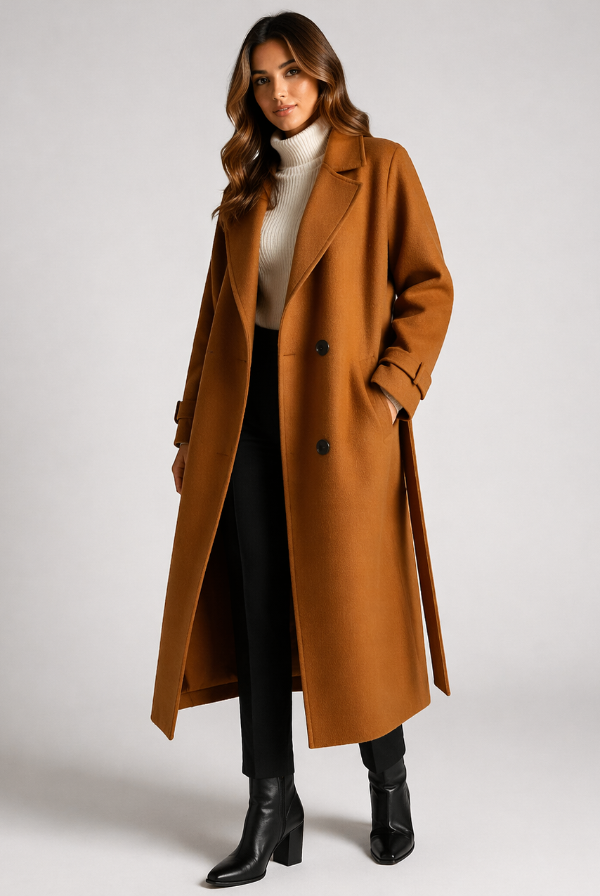 Lumina Wear Cecilia double-breasted wool blend overcoat with notched lapel, stylish and elegant for cold weather.