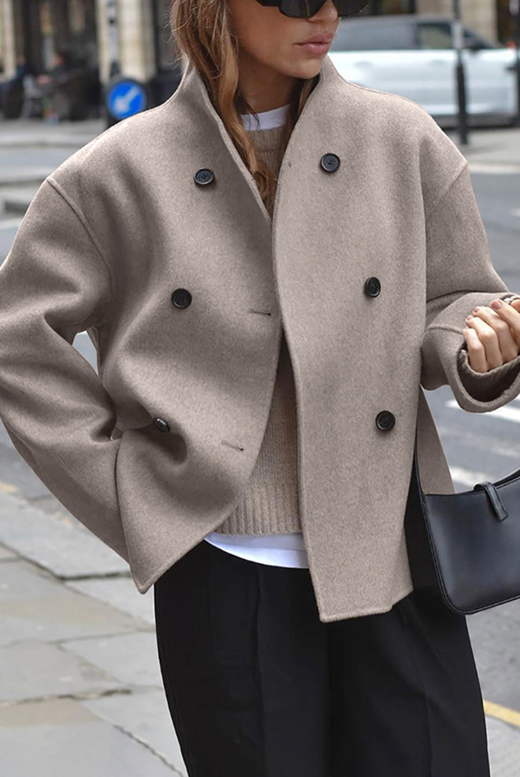 Black Charlene Lumina Wear peacoat with double-breasted design and stand collar, stylish and warm for fall and winter.