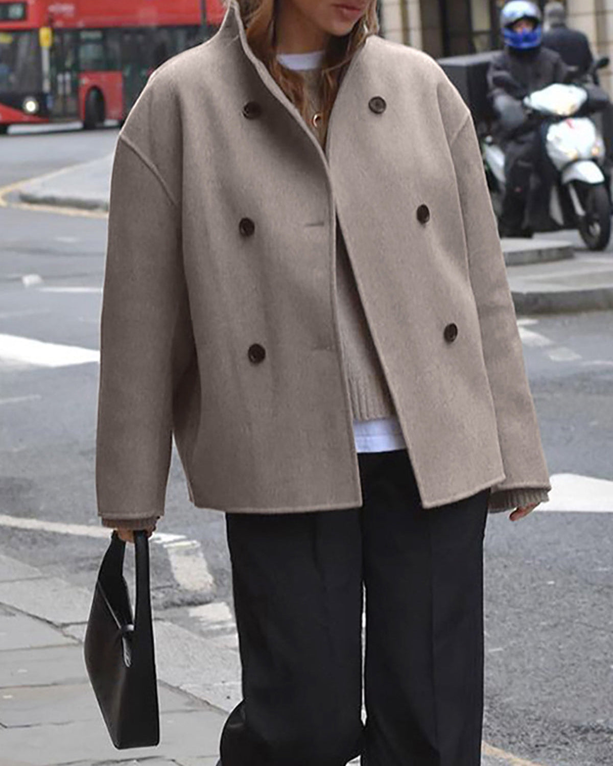 Black Charlene double-breasted peacoat with stand collar by Lumina Wear, showcasing its tailored design and classic style.