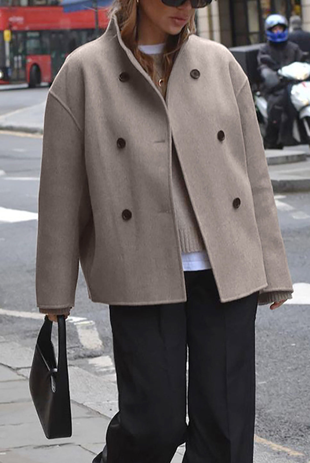 Black Charlene double-breasted peacoat with stand collar by Lumina Wear, shown on model with buttons and tailored fit.