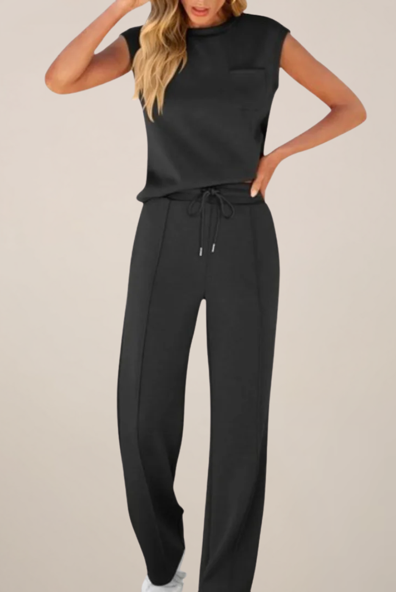 Lumina Wear Charlotte women's relaxed fit two-piece pants set with drawstring, comfortable casual outfit.